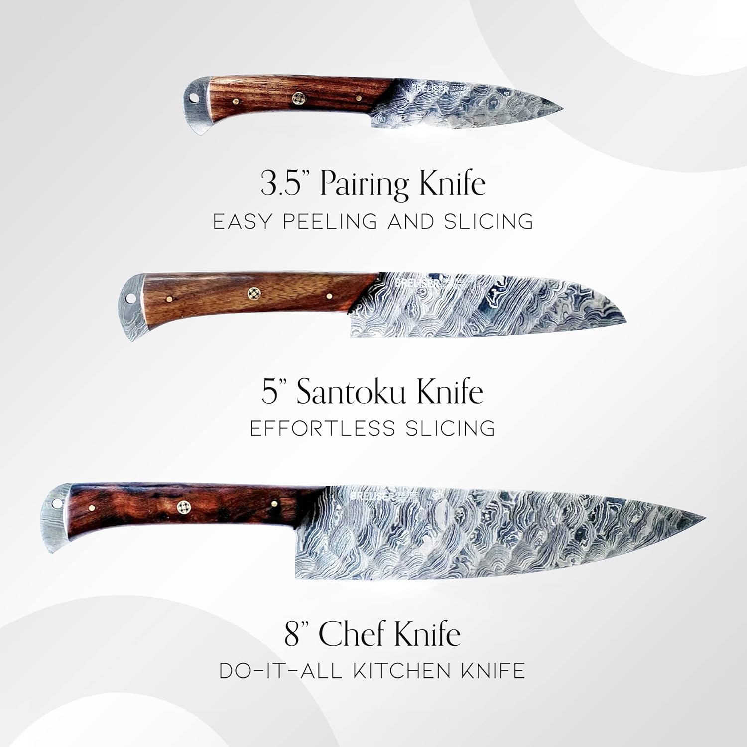 3-Piece Knives Set for Kitchen, Damascus Chef Knife Set With Professional Chef Knife, Santoku Knife, & Paring Knife, Diamond-Hammered Kitchen Knifes With Rosewood Handles, Gifts for Chefs