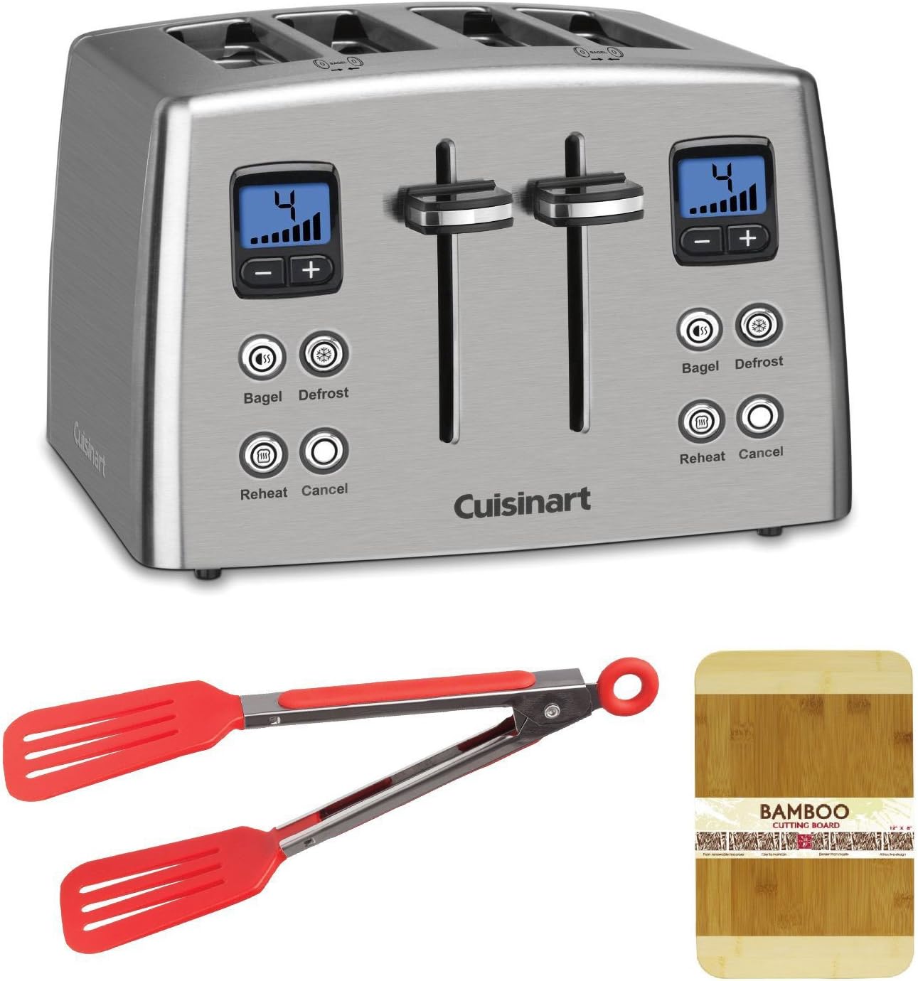 Cuisinart CPT435 Countdown Stainless Steel Toaster, Bamboo Cutting Board, 8-inch Nylon Flipper Tongs Bundle