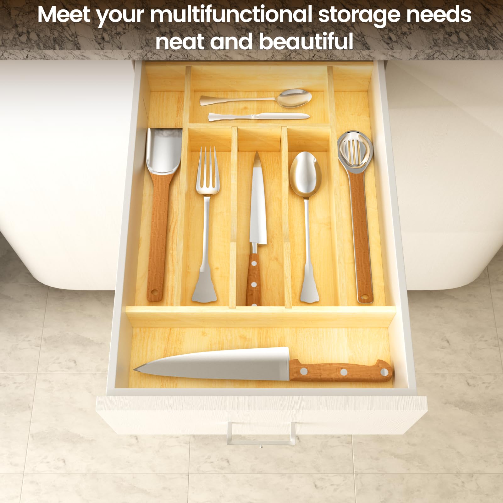 Organizador de cajones de madera con división ajustable para utensilios, cubiertos y cubiertos (33.5 cm de ancho x 49.5 cm de profundidad x 6.3 cm de alto)