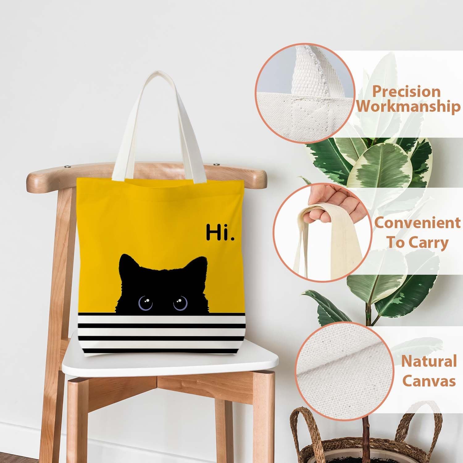 Catギフト、アウトドアテーマのキャンバスバッグ、キャンバスバッグ(黄色)、ブラックギフト、母親、愛好家(猫好きに最適)