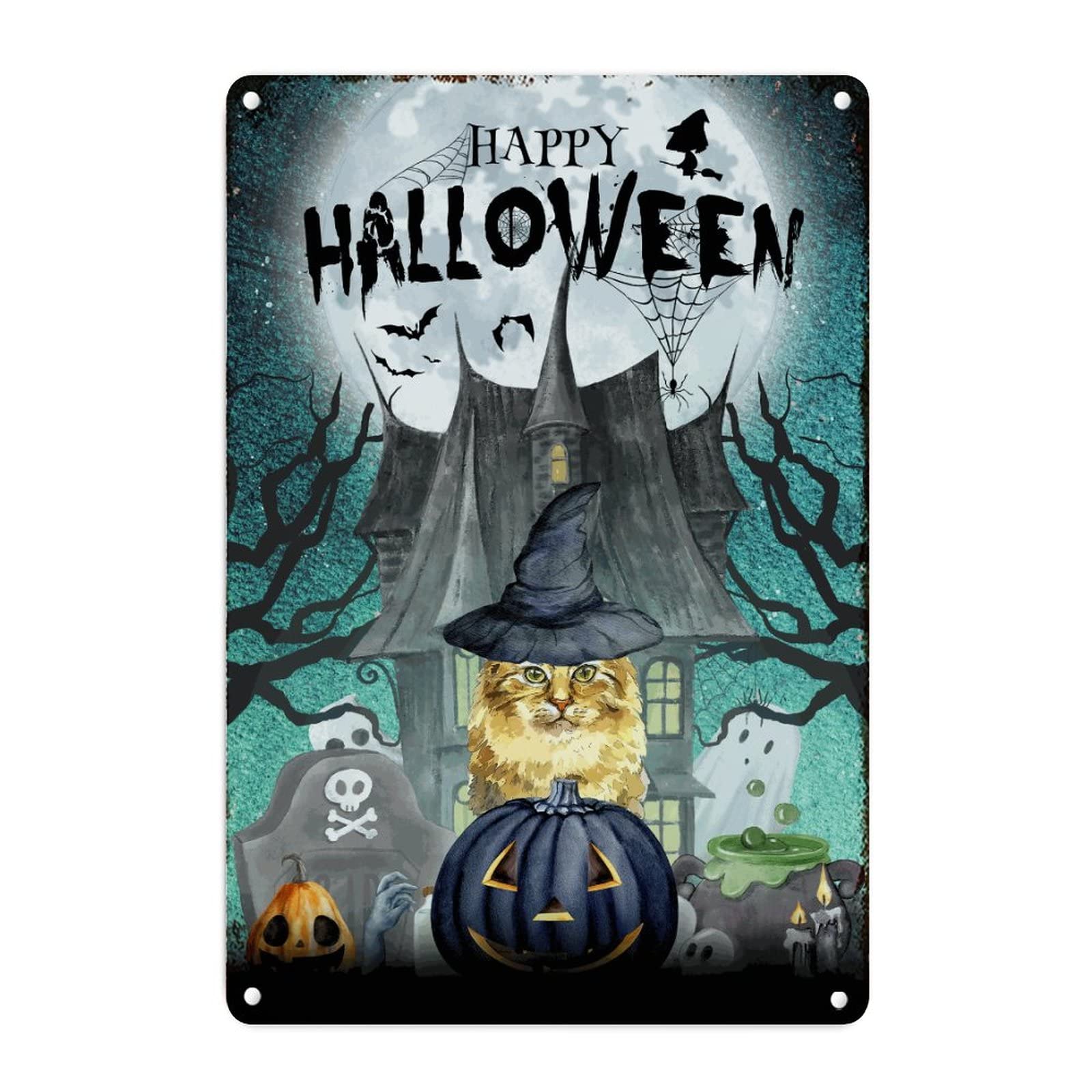 Décoration d'automne salon plaque métal chat citrouille Halloween