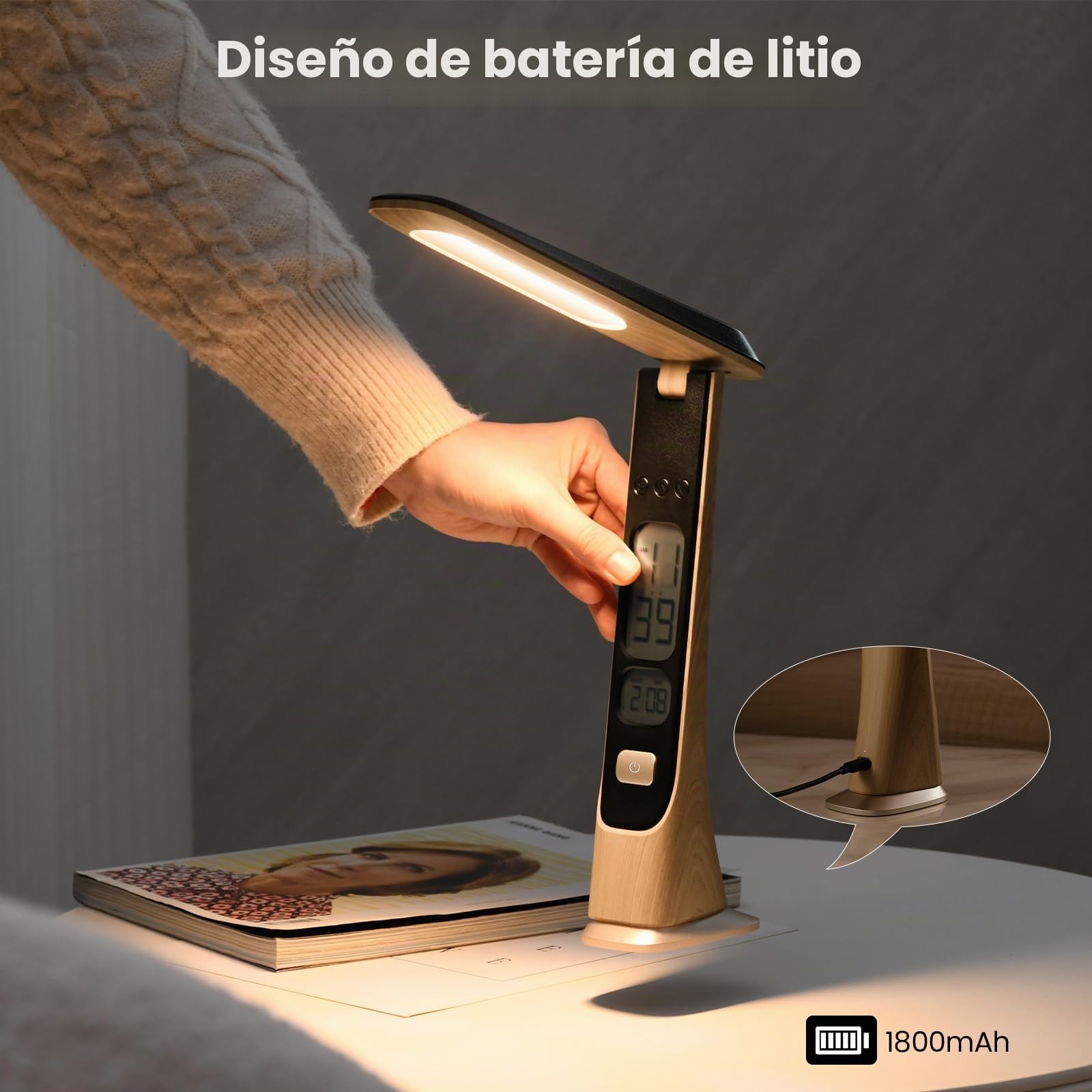 Lámpara de escritorio led recargable inalámbrica, regulable Lamparas de Mesa Sin Cable con Bateria,usb con reloj digital y controles táctiles - Portátil para el hogar, lectura, oficina