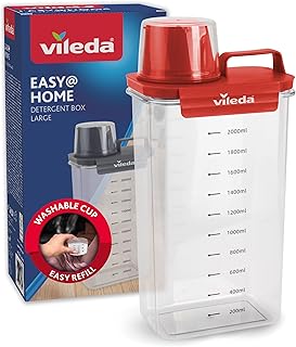 Vileda Dispensador de Detergente 2300 ml Rojo – Bote Hermético XL para Detergente en Polvo y Líquido con Vaso Medidor – Recipiente Almacenaje Lavadora Antihumedad – Organizador Lavadero Familiar