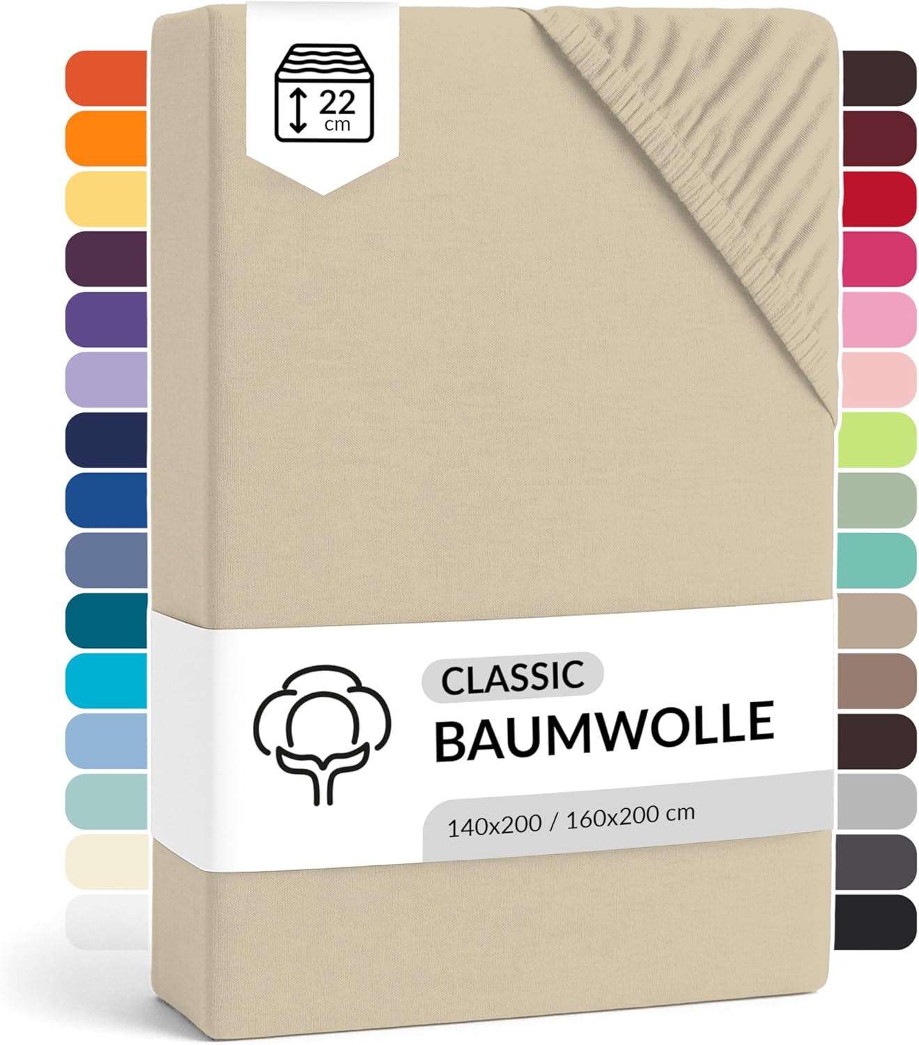 LARAWELL Fitted Sheet 140 x 200 cm Cotton up to 160 x 200 cm, Beige ...