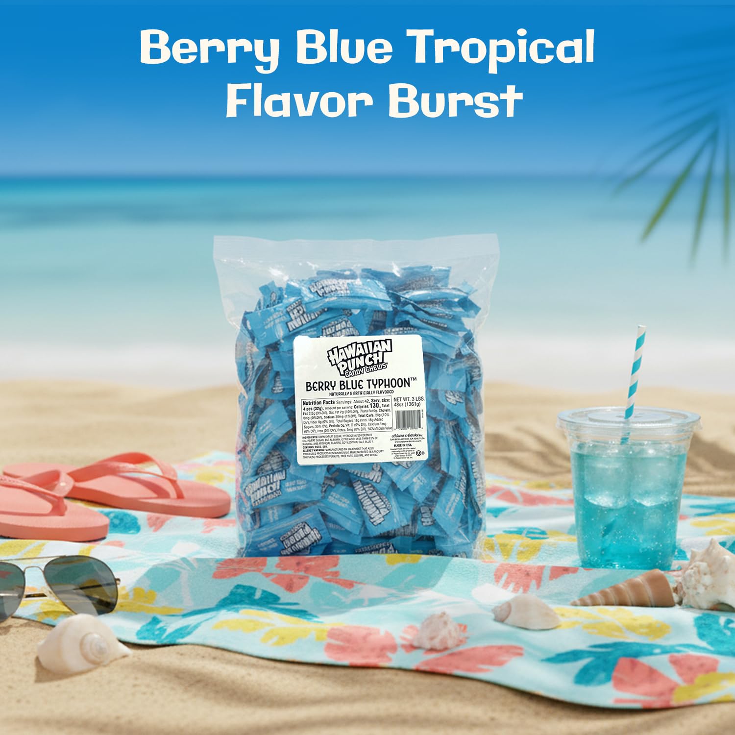 Adams & Brooks Hawaiian Punch Berry Blue Typhoon Candy Chews, 3 Pound Bag (Pack of 1) - Individually Wrapped Bulk Chewy Fruity Candy for Party, Baby Shower, Buffet, Parade - Kosher Certified Candies