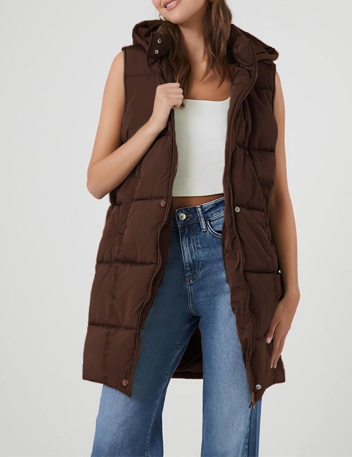 Fiona Jolin Long Puffer Vest Women Sleeveless Hooded Puffy Jacket Coat Outerwear Vest Gilet - Image 7