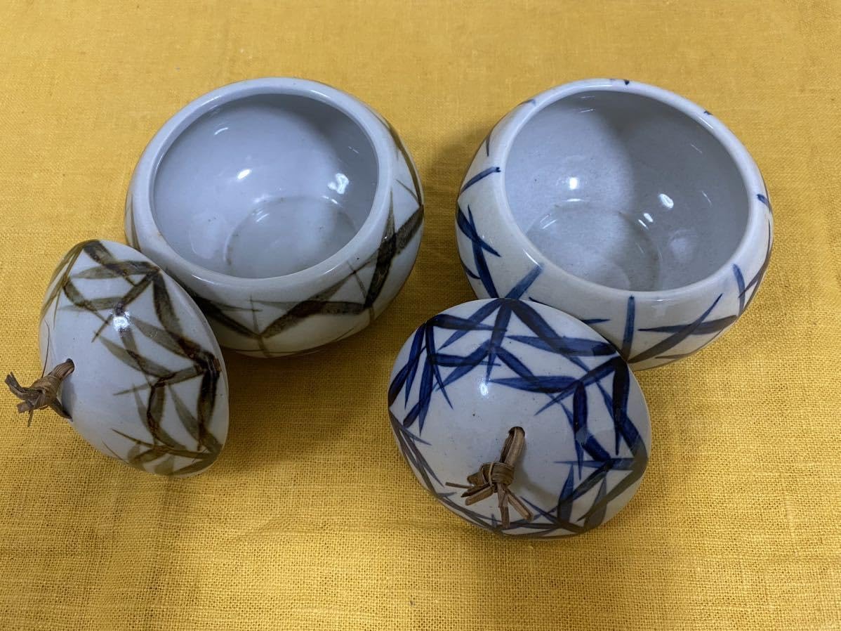 アンティーク蓋物 笹の葉柄 陶器の小物入れ 2個セット蓋付き碗小壺漬け物入れ梅干しシュガーポット砂糖入れ骨董品砥部焼