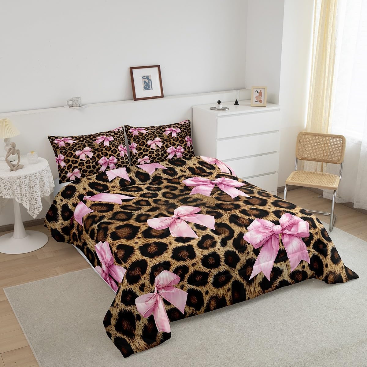Girls Pink Bow Comforter Sets Toddler Size,Rustic Leopard Print Bedding Sets,Safari Animals Skin Quilted Duvet for Kids Teens Girls Woman Room Decor,Cartoon 3D Bow Tie Duvet Insert,1 Pillowcase