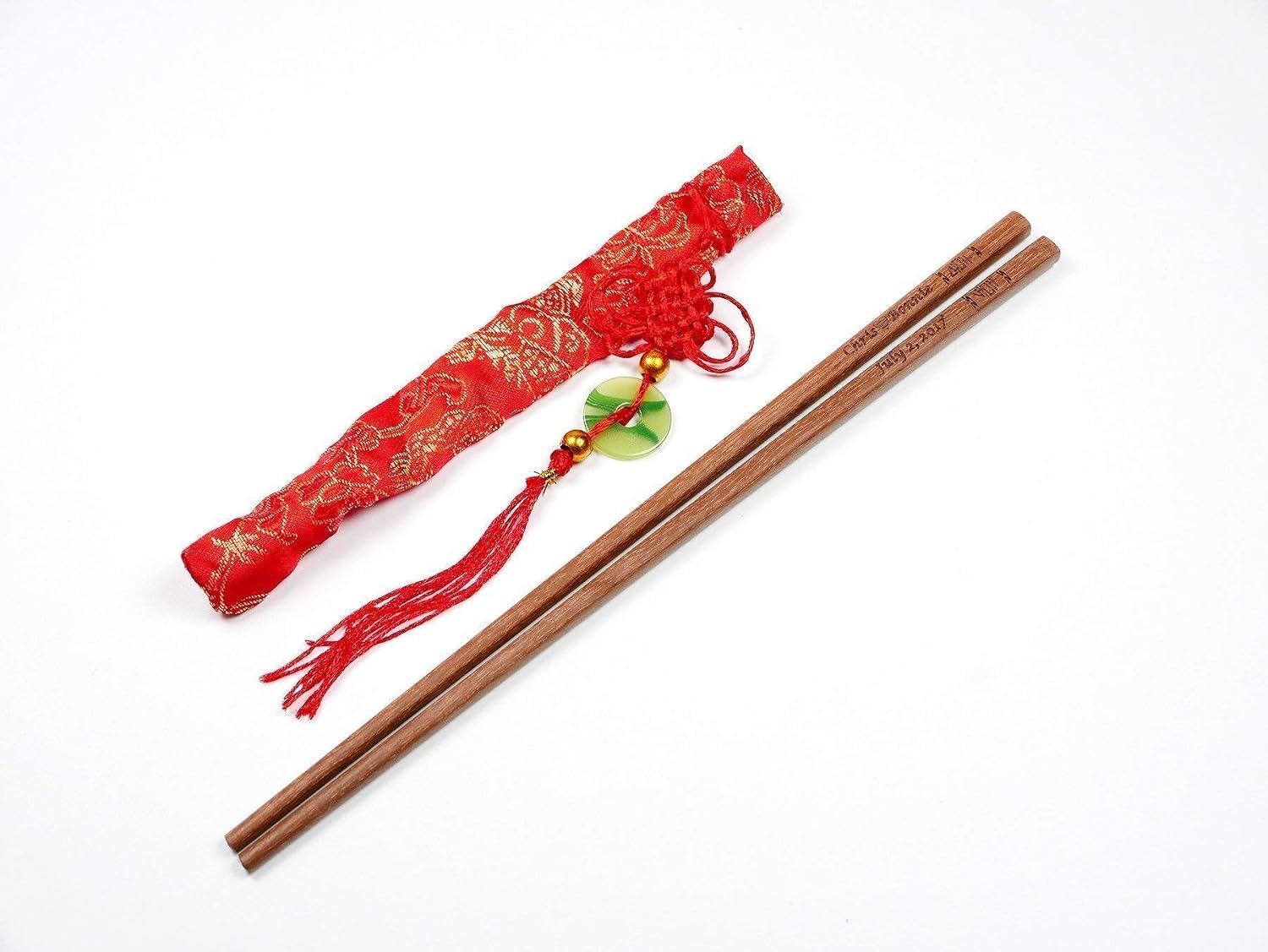 100 Pairs 10 Inch Pau Rosa Wood Chopsticks Reusable with Red Embroidery Pouch Engraved Custom Personalized Names and Date Classic Chinese Style - Washable Chopsticks in Bulk for Wedding or Business