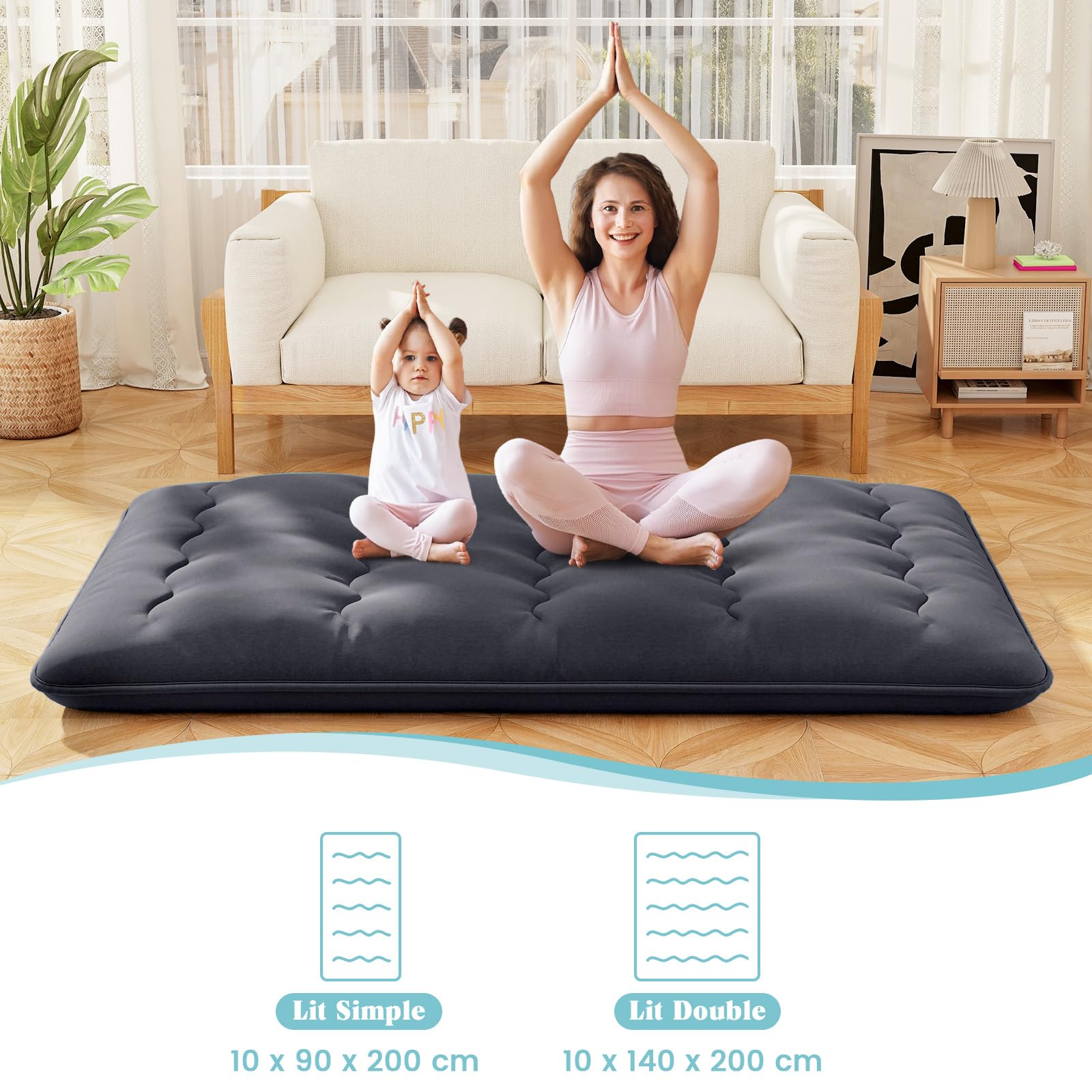 COSTWAY Matelas Futon Portable Pliable, Matelas Futon Japonais 90 x 200 cm, Housse Lavable, Matelas de Sol avec Sac de Transport, pour Le Camping, Les Voyages, d'Invités, Feuilles Bleu