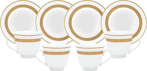 Miniatura 13 de Lujoso juego de té de porcelana – Juego de 8 piezas de fiesta de té vintage – Blanco con diseño de llave griega plateada – Platillos de 5.5 Meandro