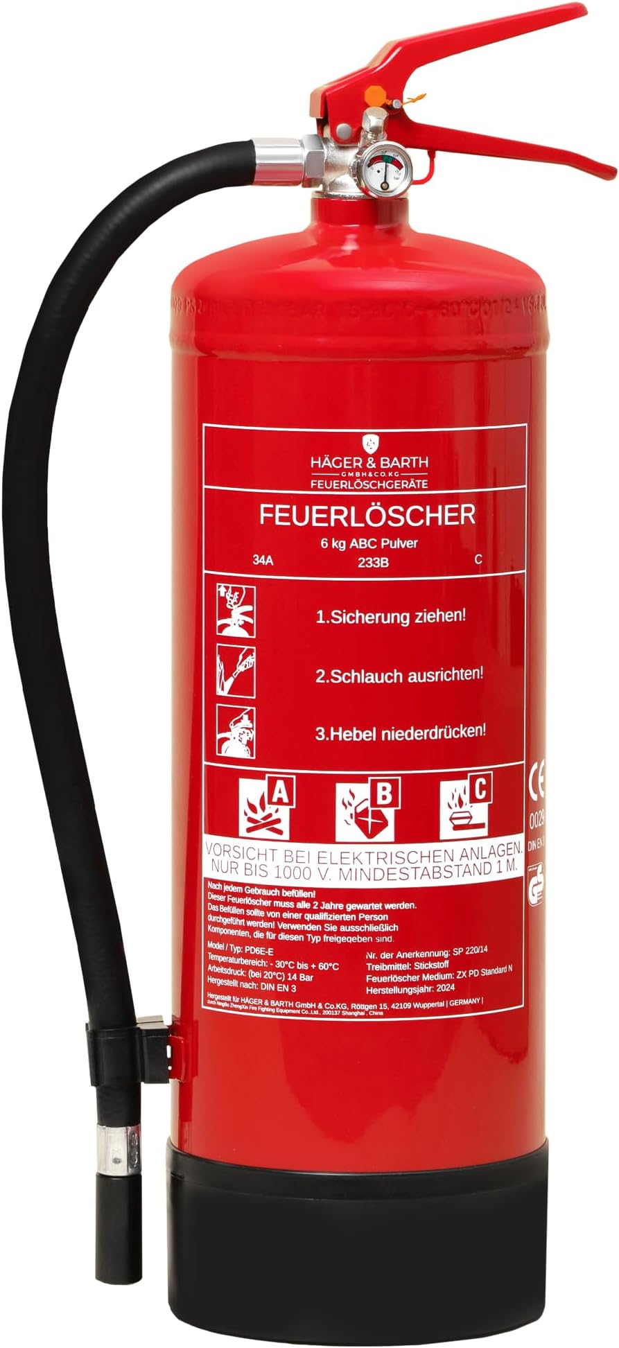 König Pulver-Feuerlöscher 6 Kg – ABC-Klasse, EN3 Zertifiziert, Mit Wandhalter & Manometer, Für Haushalt, Garage