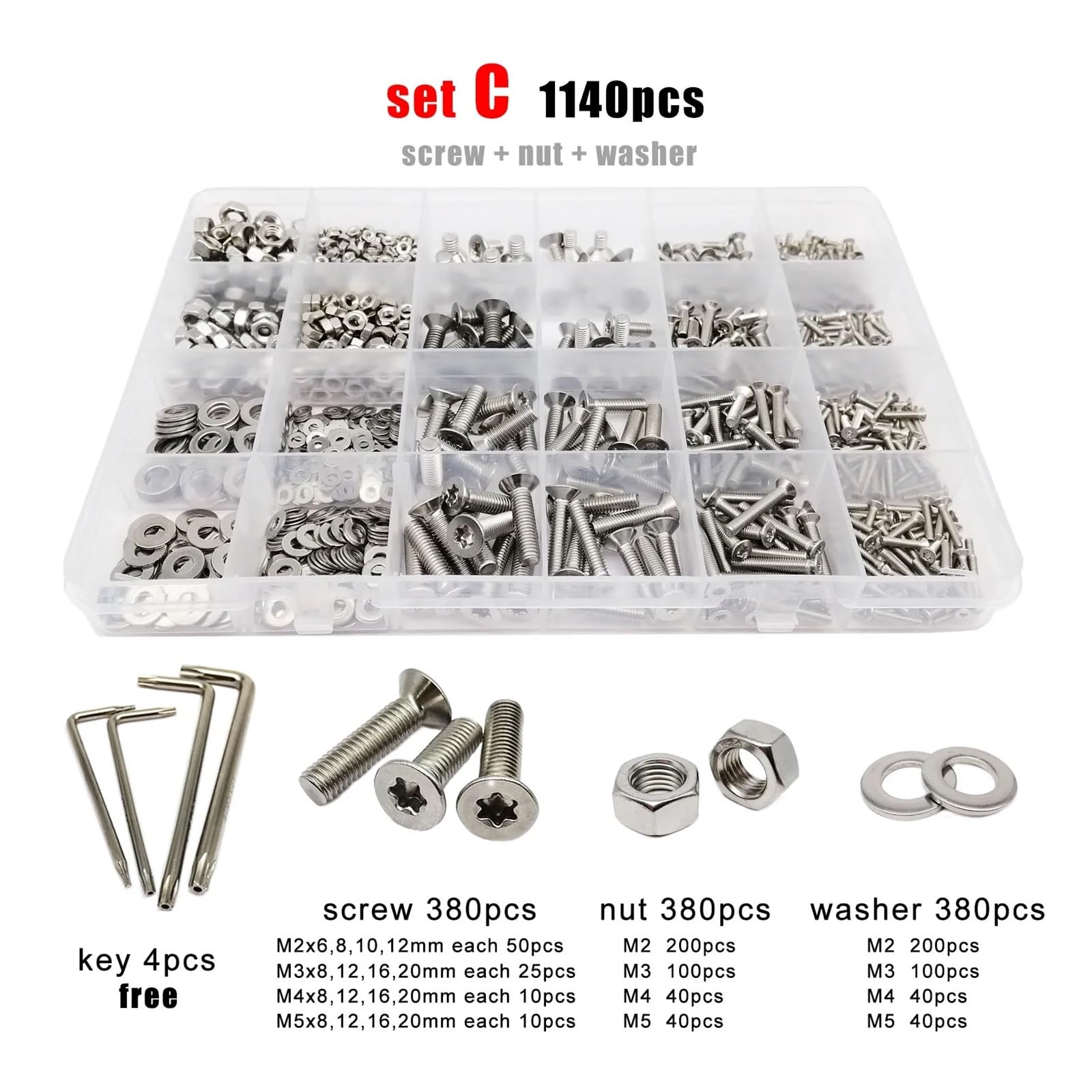 GamirA 400/650/2100X M1.6 M2 M2.5 M3 M4 M5 304 Torx de Acero Inoxidable Cabeza avellanada Plana Tornillo Tuerca Juego de Arandelas Caja de Kit Surtido (Color : Set C 1140pcs)