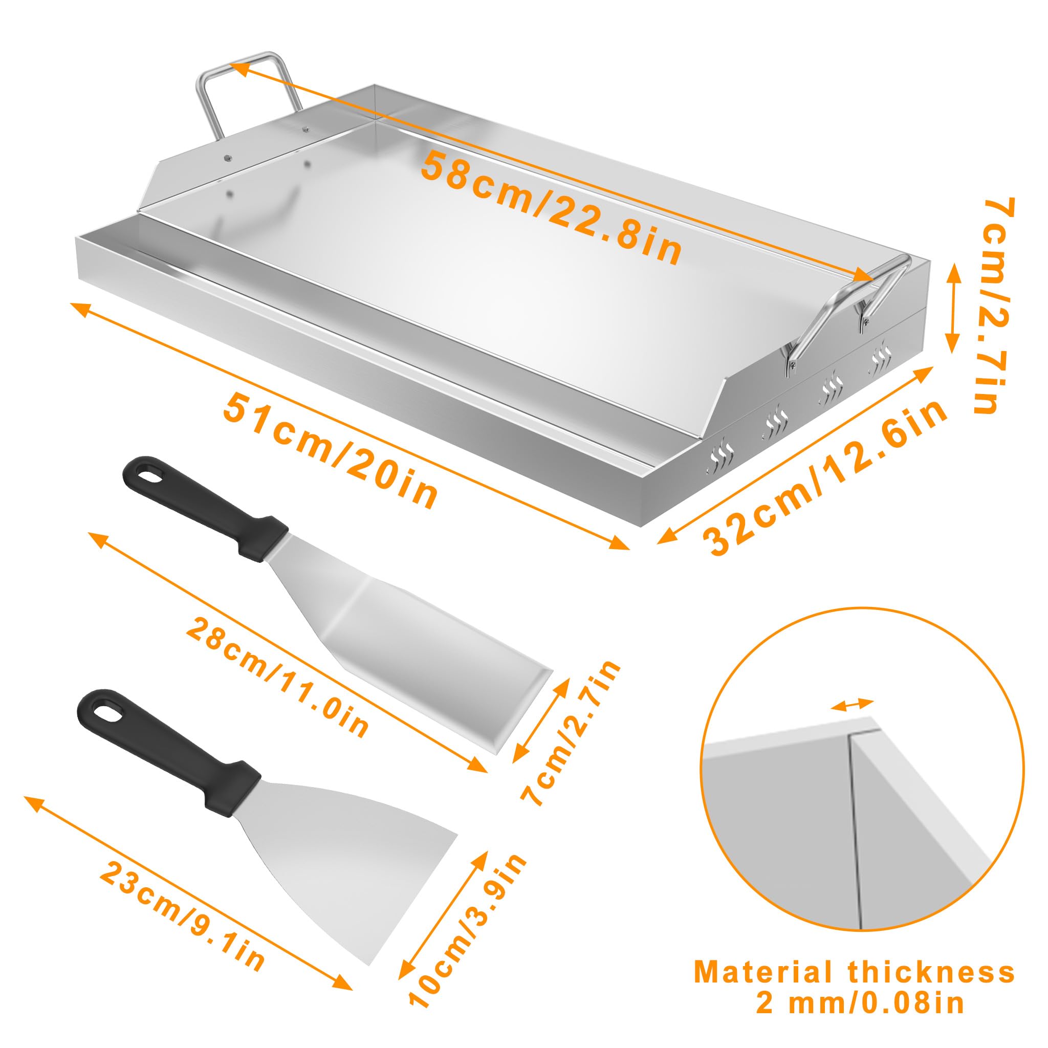 FIVMEN Plancha płyta grillowa ze stali nierdzewnej, 58 x 32 cm, uniwersalna patelnia grillowa, płyta grillowa, płyta ze stali nierdzewnej, do grilla gazowego, grilla na węgiel drzewny, z 2 uchwytami