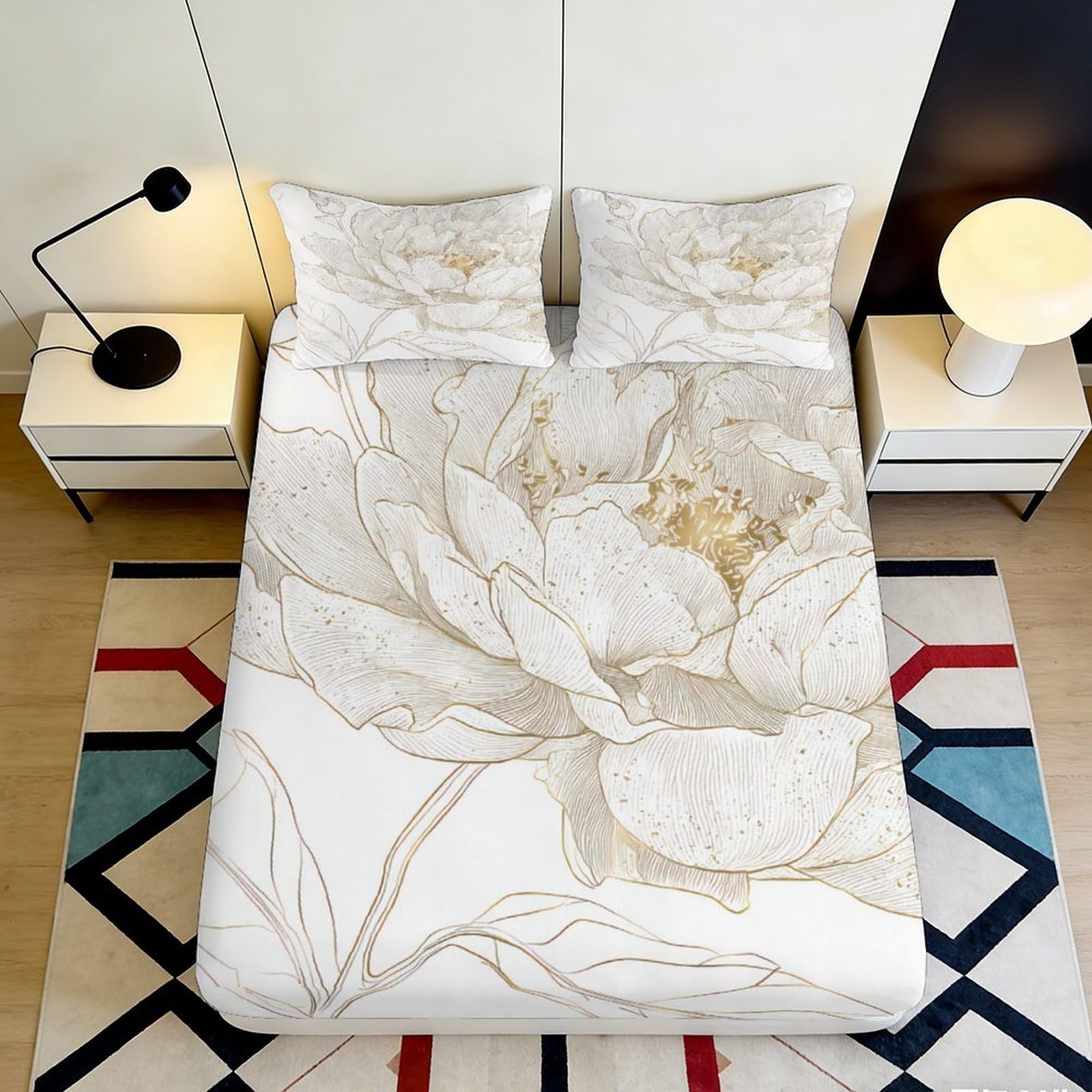 3D Printed Beige Peony Fitted Sheet Microfiber Soft Floral Blossom Bed Cover Anti-Slip Washable Bedroom Guest Room Decor 120x200x25cm