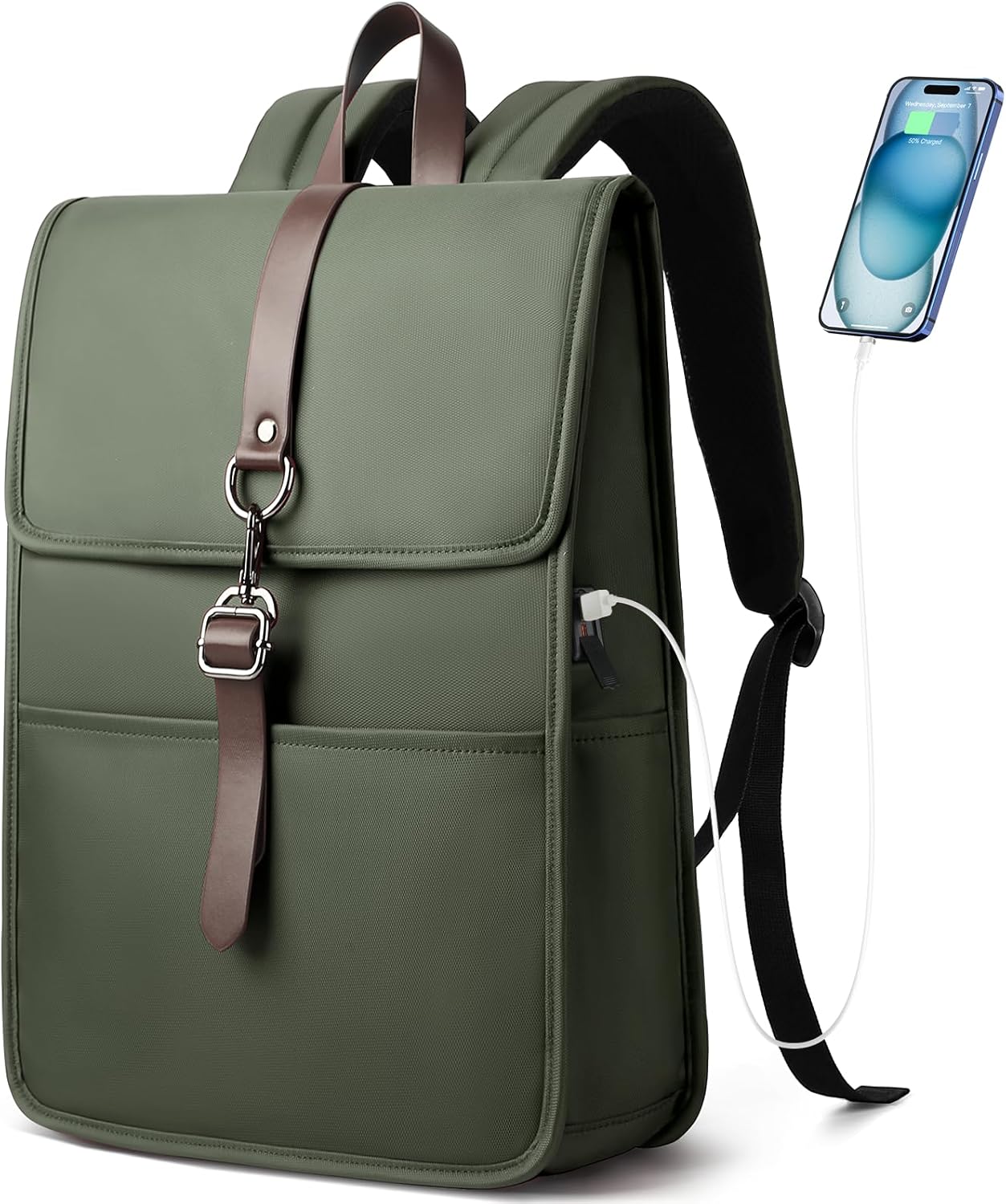 HEROIC KNIGHT Laptop Backpack Women, 15.6 Inch Casual Daypack Water Resistant School Bag With USB Charging Port Travel Rucksack Anti-Theft Business Backpack Work Backpack for Men-Green