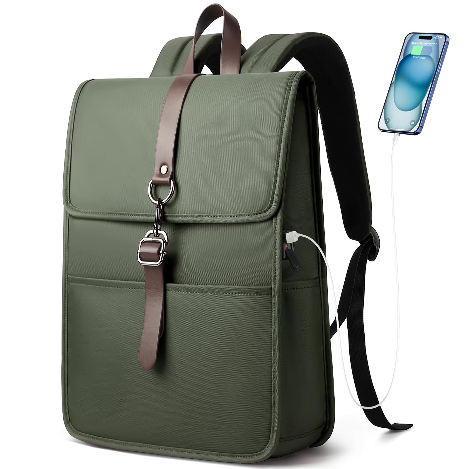 Zaino Porta PC Uomo Donna, Leggero Sottile Zaino Laptop | Computer Portatile 15,6 Pollici con porta USB Impermeabile Zaino Casual per Uffico Università Scuola Viaggio Business, Verde