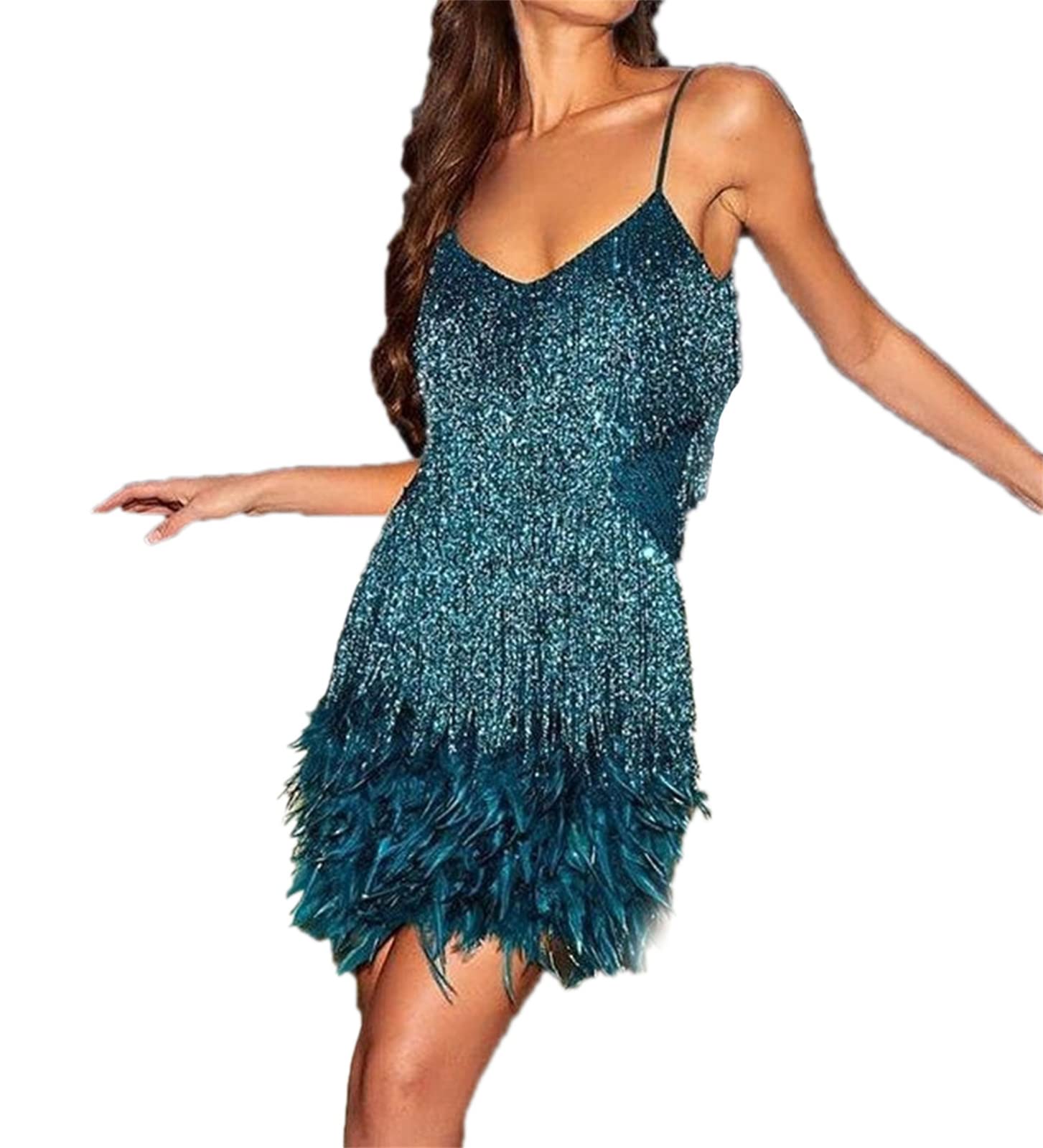 kewing Women Flapper Dresses 1920s Gatsby V Neck Cocktail Dress UK Spaghetti Tassel Feather Stitching Dress Vintage Layered Fringe Clubbing Dress Blue Green