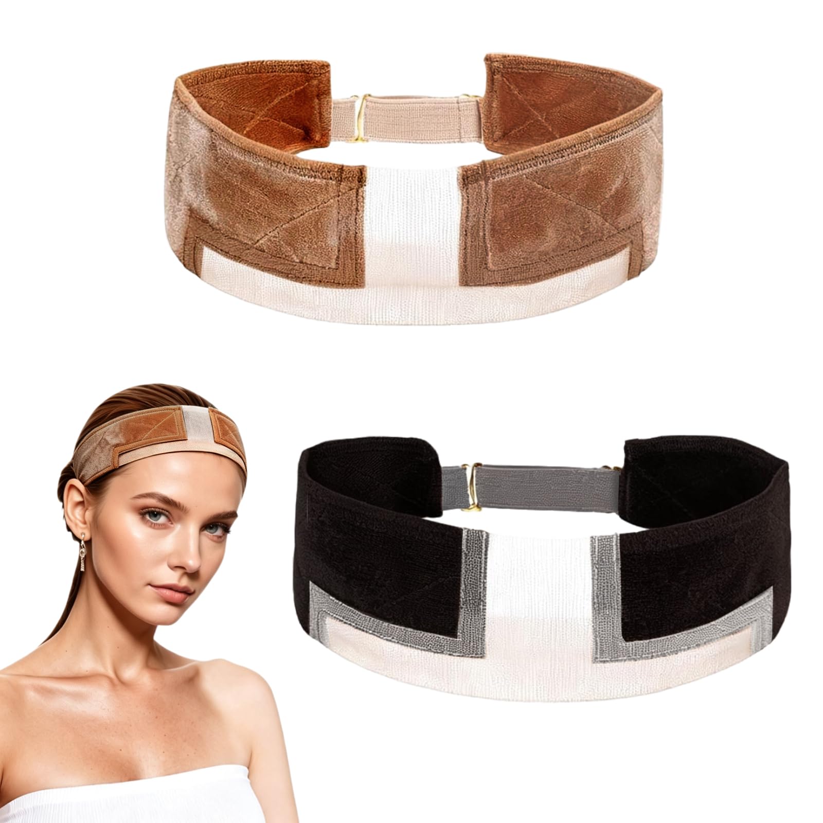 2 Pcs Wig Grip Headband, Adjustable Non-Slip Wig Band to Hold Wig in Place, Invisible Lace Design for a Secure, Comfortable Fit All Day (Black, Light Brown)