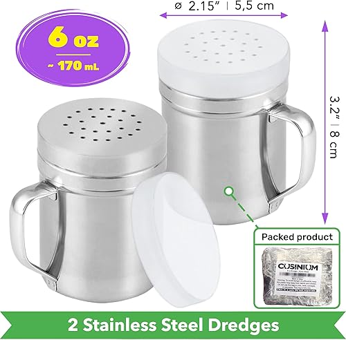 Miniatura 23 de CUSINIUM Salero de metal y pimienta, con asa, condimentos y especias con agujeros y tapas, 10 onzas, 2 piezas, estilo: mediano plateado,Negro