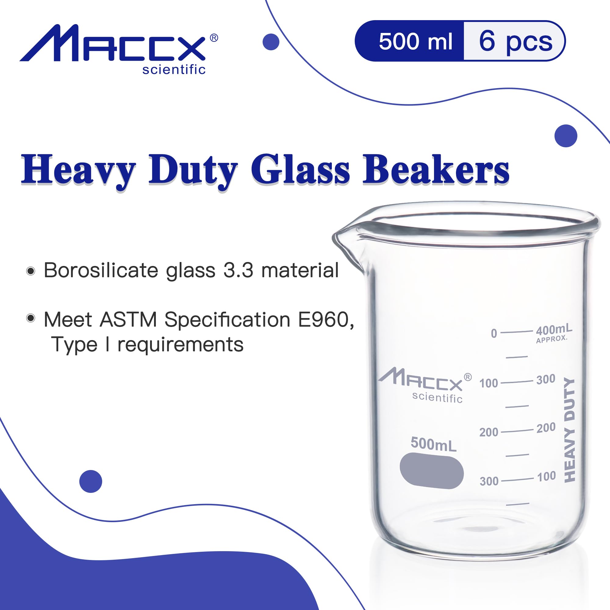 Vaso de vidrio resistente de 500 ml, forma baja de borosilicato 3.3 con graduación impresa, paquete de 6, BKL500-006
