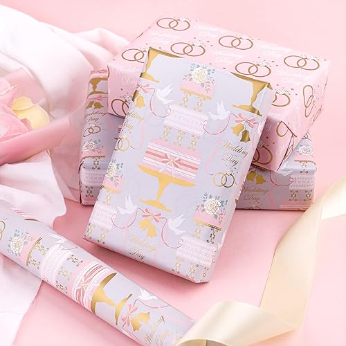 Miniatura 4 de WRAPAHOLIC Rollo de papel reversible para envolver bodas y bolsa de regalo de plástico grande de 56 pulgadas con diseño floral plateado
