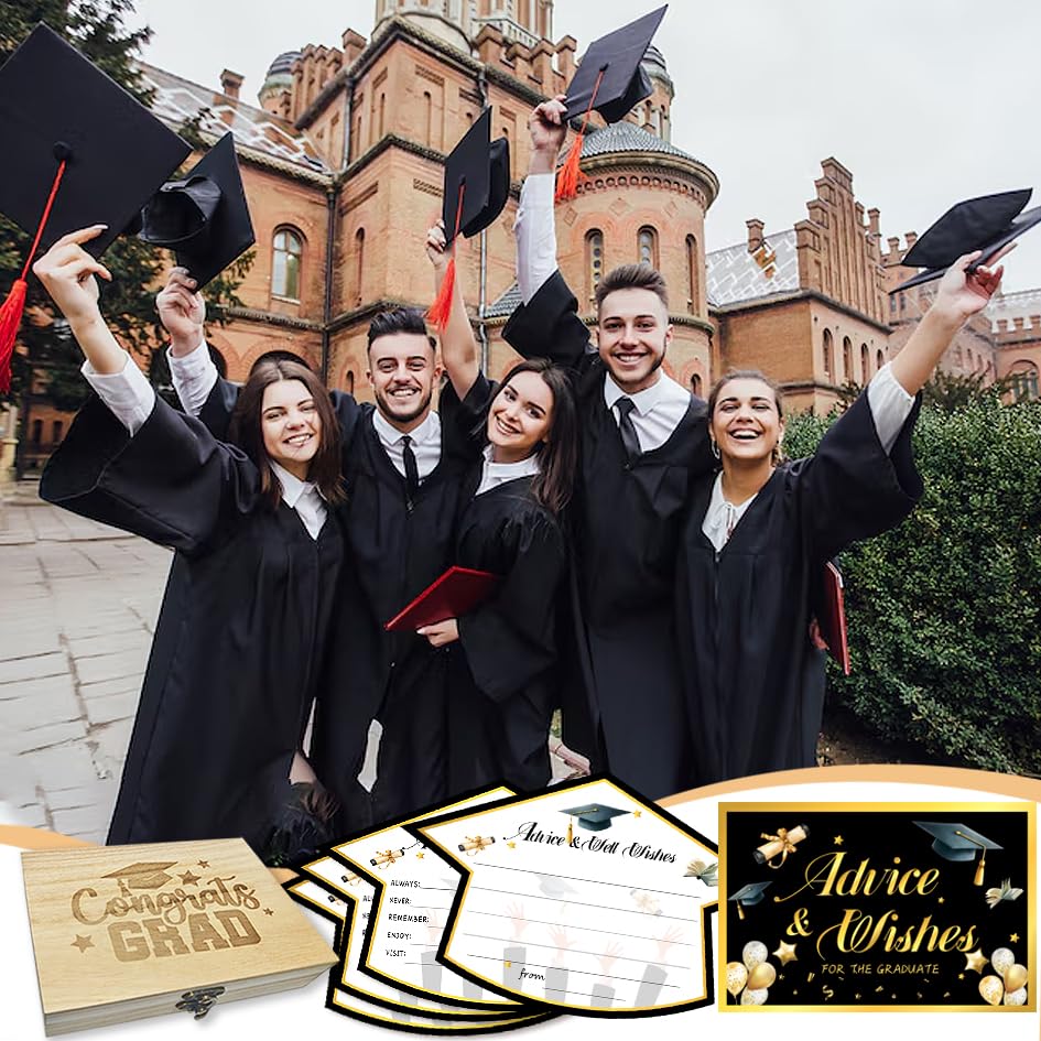 Image of 50Pcs Graduation Advice Cards for the graduate 2026, Grad Advice and Wish Cards Box for Congrats Grad Class of 2026 Graduation Party Decorations Supplies (Black)