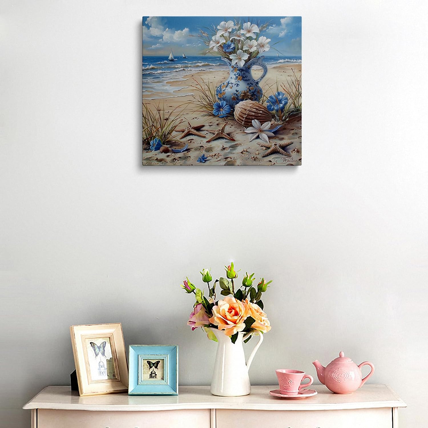 Tufiqu Beach Canvas Wall Art Ocean Scenery Artwork Framed Posters Prints Coastal Painting Wall Decor Seashell Starfish Theme For Bathroom Bedroom Living Room Beach Home Wall Decor 20x20 Inches