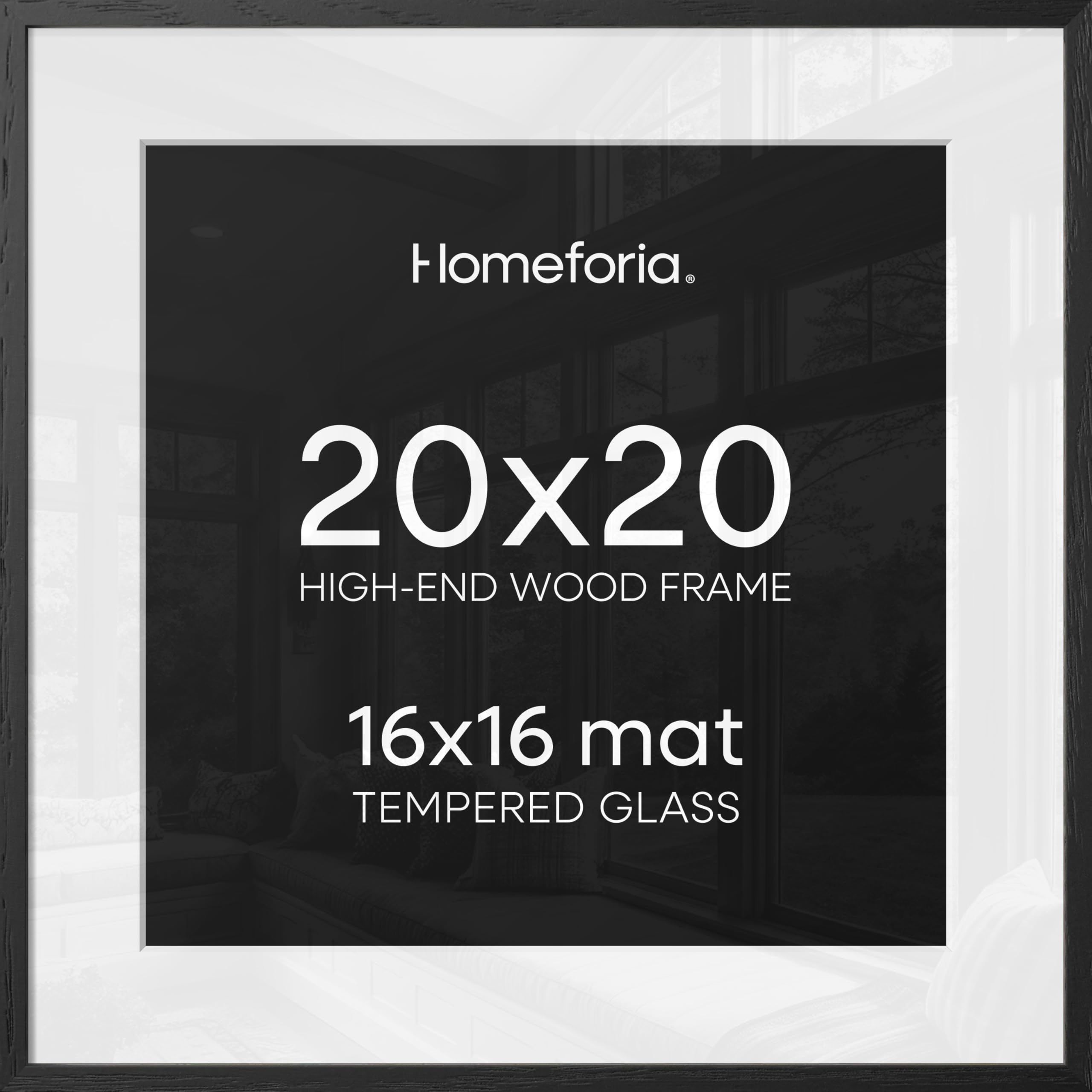 Homeforia 20x20 Black Wood Frame, High End Oak 20 x 20 Square Picture Frames with Mat 16 by 16 inches Photo, 20by20 Black Wooden Poster Frames Matted to 16x16 Print, Tempered Glass, Wall Kit, Set of 3