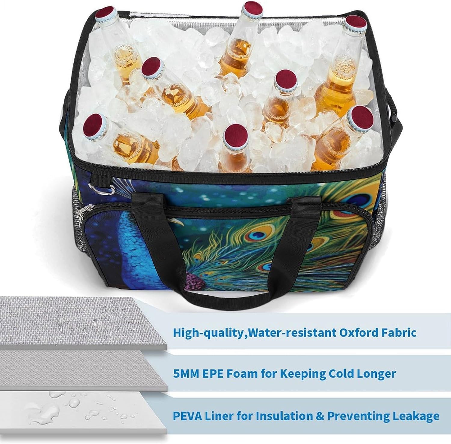 Insulated Picnic Backpack Tote Bag, Large Capacity 30L Colored Peacock Cooler Bag Leakproof Beach Bags Portable Lunch Box Waterproof Picnic Basket for Beach Camping BBQ