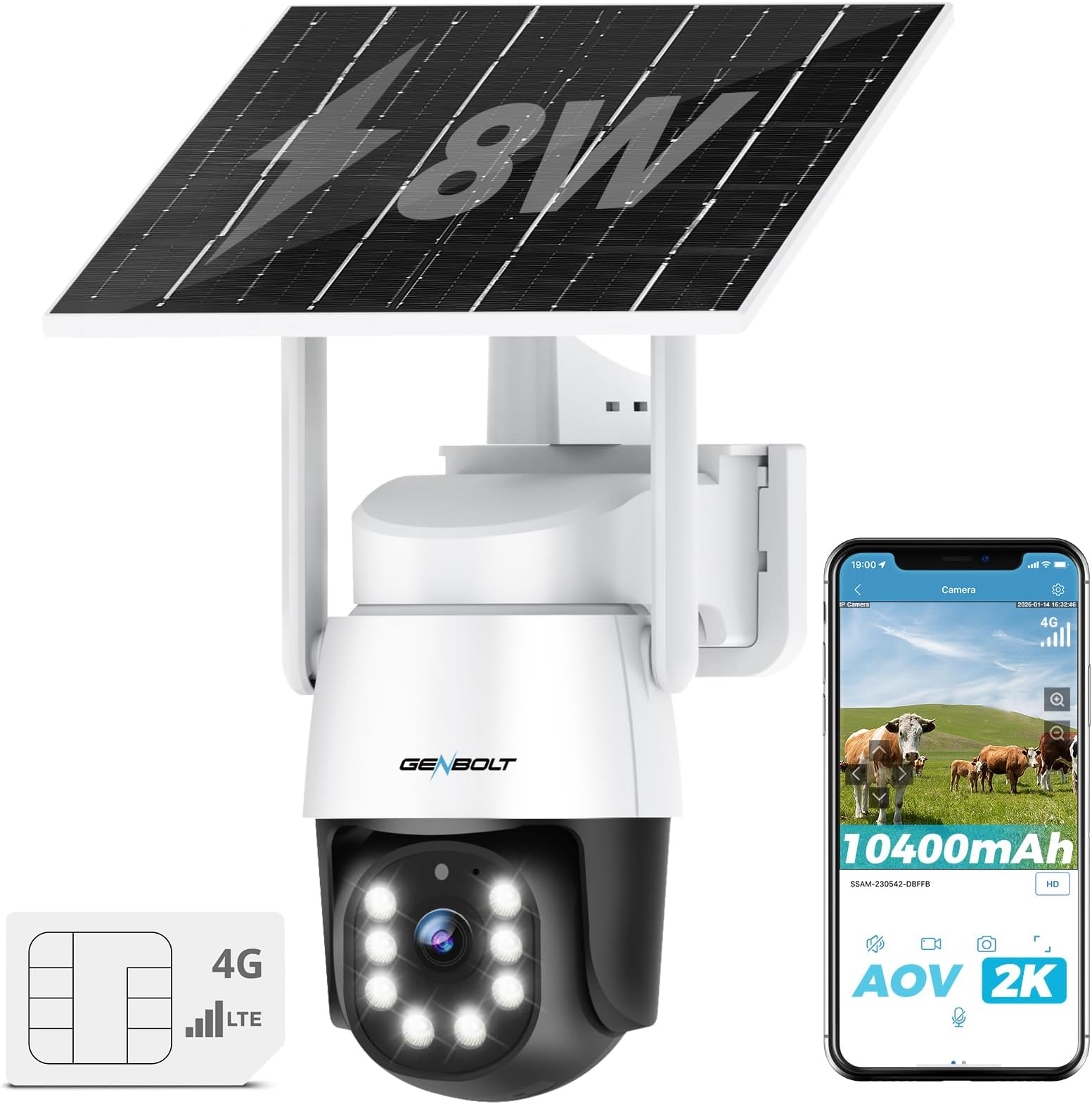 GENBOLT 4G AOV Solar Security Camera Outdoor Wireless,7/24 Recording 3MP No WiFi IP Surveillance Camera with Sim Card,90FT AI Detection,8W 10400mAh Battery Operated LTE Camera CCTV