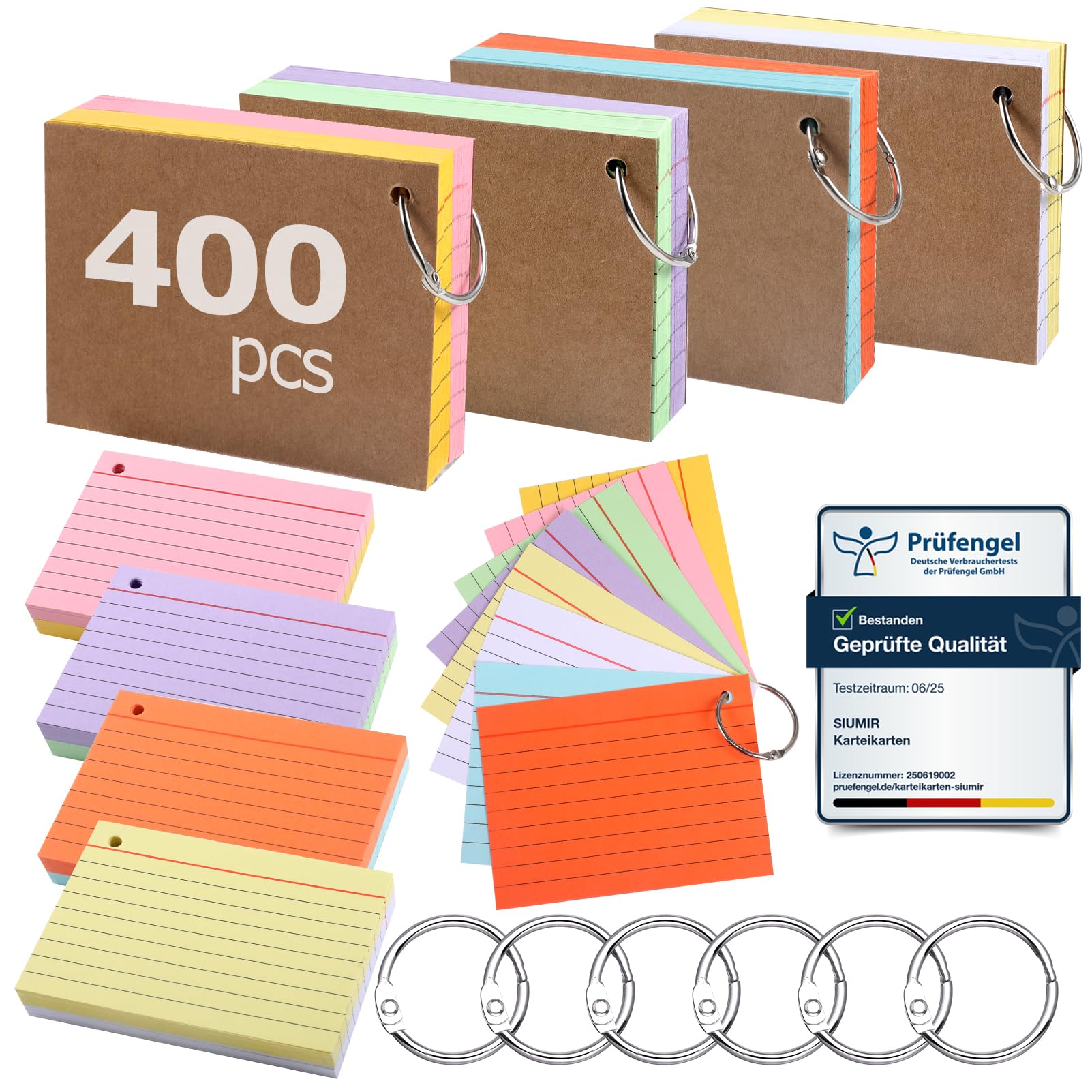 Siumir 400 Pack Index Cards, 150g/m², Double-Sided Printing, A7 Flashcards, with Kraft Cover and Loose-Leaf Ring, Eight Colors Lined Index Cards, Suitable for Offices& Schools (4.09 x 2.99 in) — image 1
