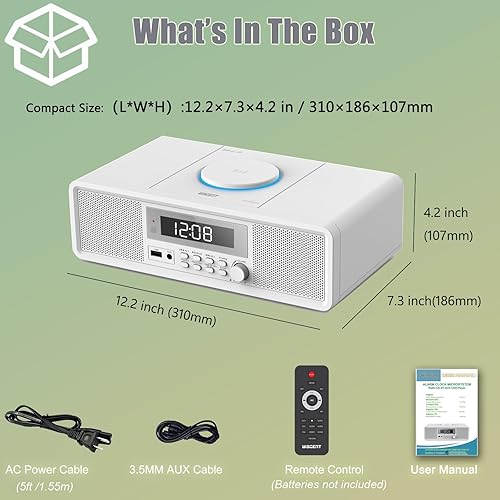 Miniatura 7 de Reproductor de CD Bluetooth retro con reloj despertador y radio FM, altavoces estéreo de 20 W, diseño de carga superior, alarma dual, entrada
