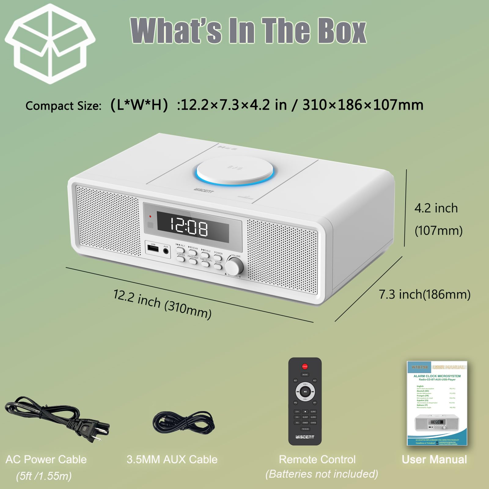 Radio Compatta con Lettore CD, Sistema Audio 20 W RMS, Bluetooth, USB, MP3, AUX, Sveglia Digitale