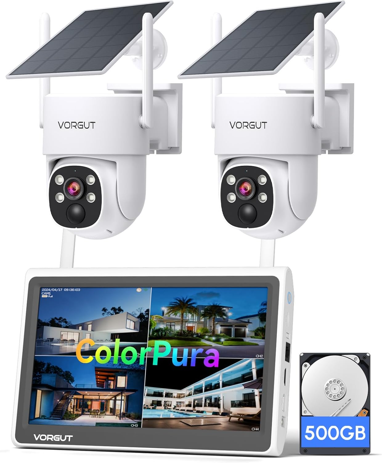 Solar Security Cameras Wireless Outdoor with 10'' Monitor, 2pcs 2K Solar Powered Camera System, 360° PTZ, Color Night Vision,Human Detection,10CH NVR with 500GB HDD,2.4G/5G WiFi,No Monthly Fee
