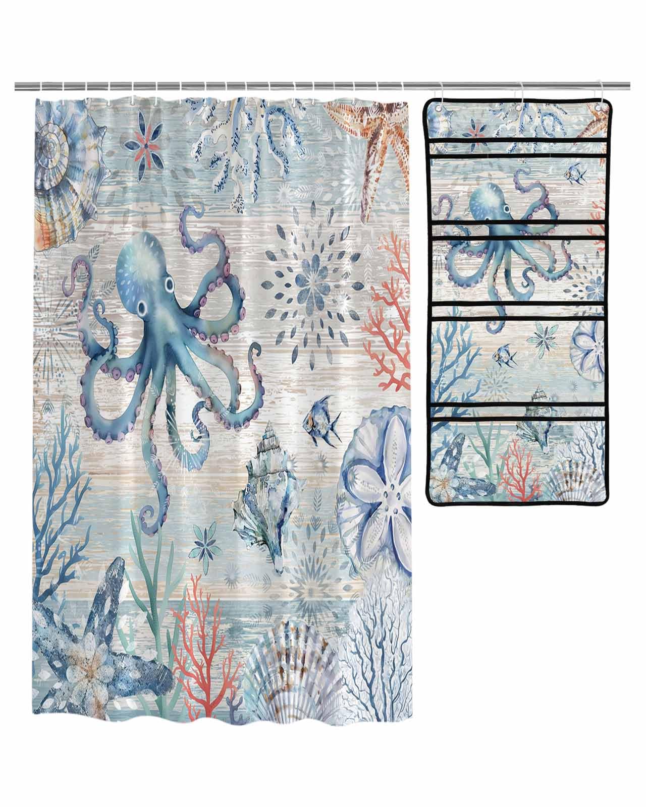 Decorative Shower Curtain Sets Summer Ocean Coral Octopus Shell Vintage Wood Blue Grain Fabric Waterproof Shower Curtains Mesh