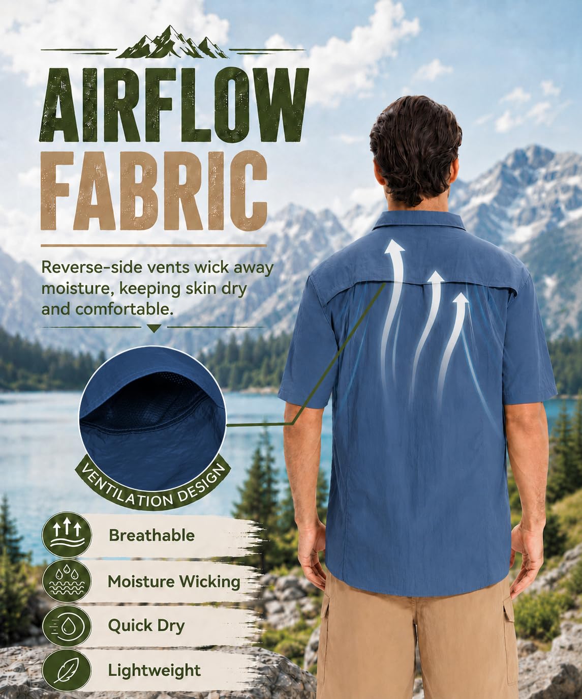 AMZSPORT Camisa de Senderismo Transpirable para Hombre Corte Holgado con Bolsillos Manga Corta Informal para MontañIsm，Pesca, Viajes, Safari