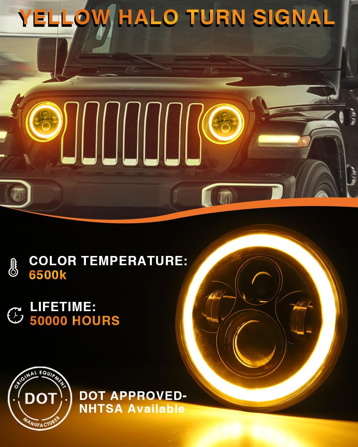 7 Inch Round Headlights DOT Approved Brighter Jeep LED Headlight Amber Halo Hi/Low Sealed Beam H6024 LED Headlight Compatible With Ford Chevy Miata Jeep Wrangler JK TJ LJ CJ Hummer H1 H2 etc