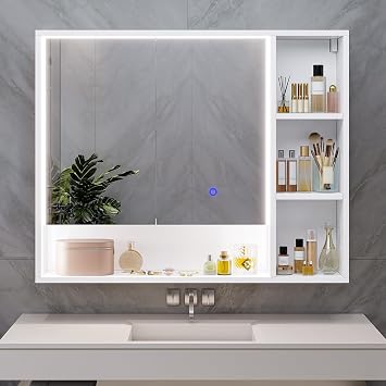 Hasuit Lighted Medicine Cabinet with Mirror and Shelves, Modern Bathroom Medicine Cabinet with Open Storage, Aluminum Channel LED Lights, 35.4 x 30.7, White