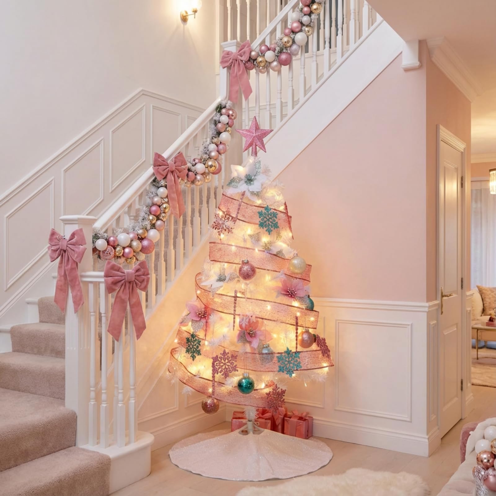 Lunmon Lot de 44 demi-sapins de Noël de 1,2 m pour mur d'angle avec boule lumineuse de Noël, guirlande lumineuse en forme de stalactites, fleurs, flocon de neige, ruban sur le dessus pour les vacances