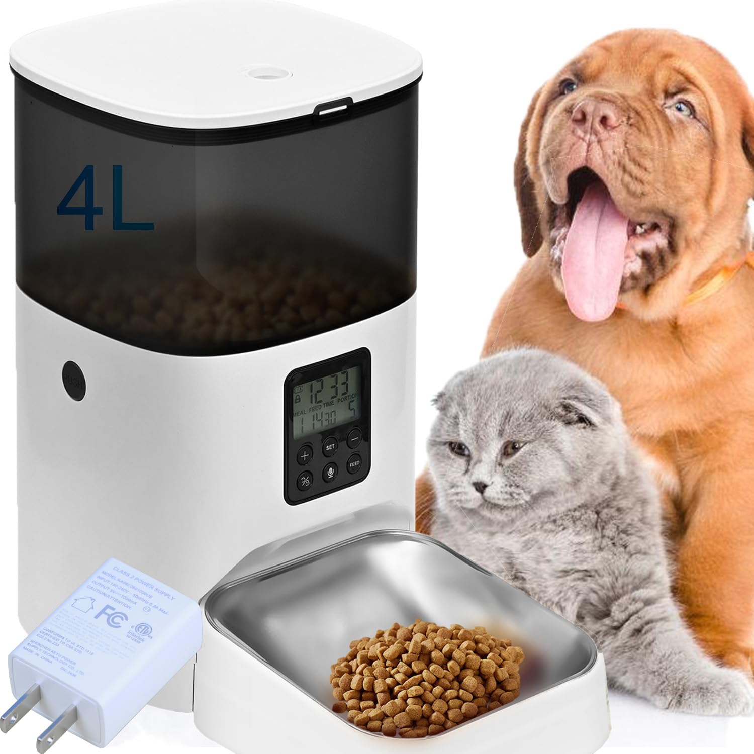 Automatic Cat Feeder, Cat Food Dispenser with 10s Voice Recorder, Double Bowls Pet Feeder up to 8 Meals per Day, Timed Feeder with Dry Food Sealed