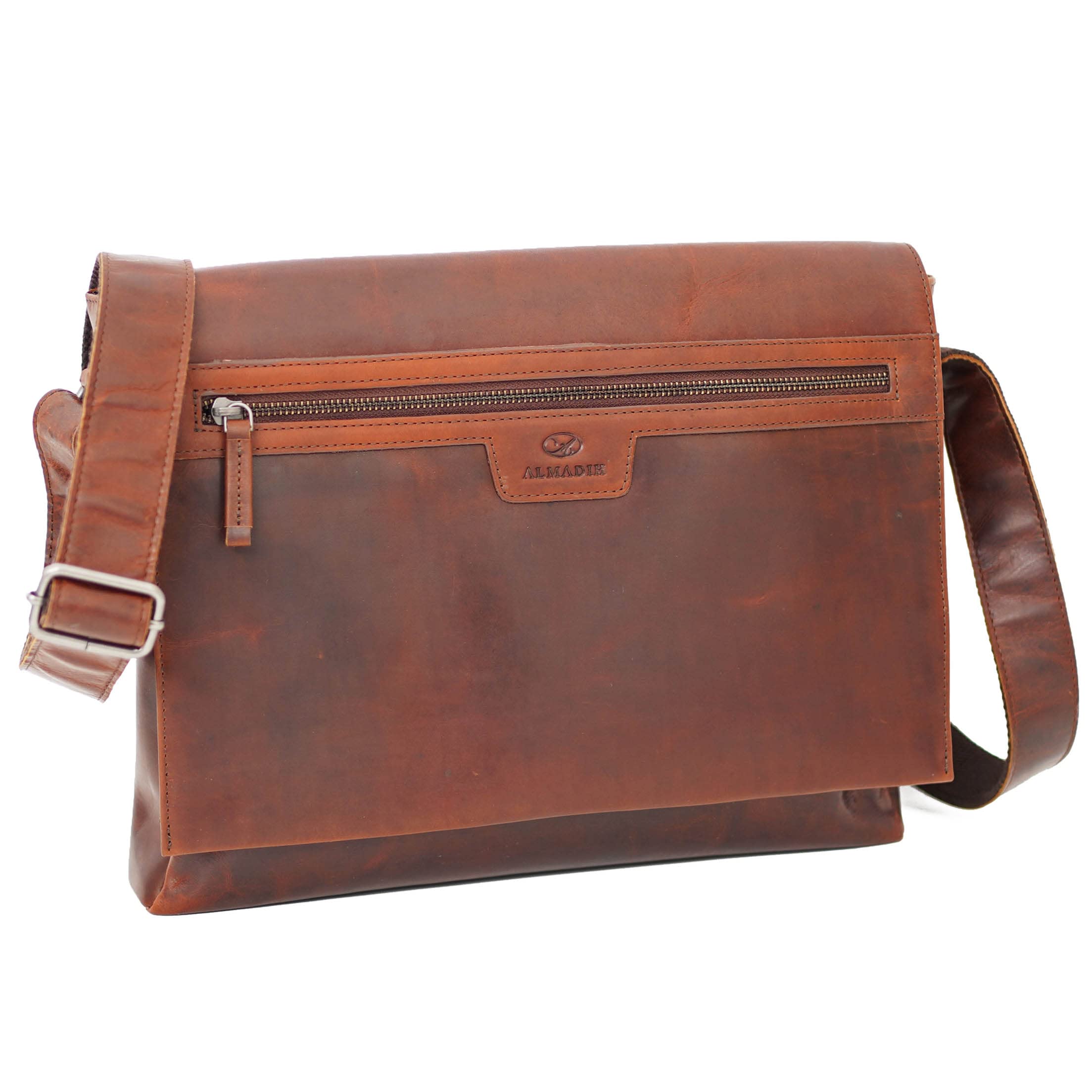 ALMADIH Leder Umhängetasche braun Vintage aus Rindsleder - Ledertasche mit gepolstertem Laptop Fach, Leder Messenger Unitasche Büchertasche Schultertasche Freizeittasche
