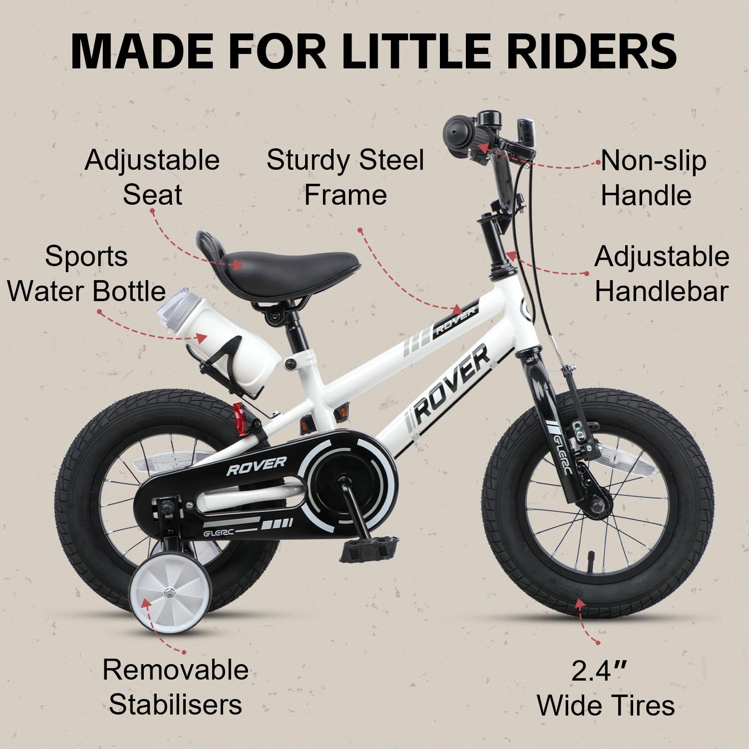 Glerc Rover 12, 14, 16 & 18 Zoll Kinderfahrräder für Jungen & Mädchen ab 2-9 Jahre, mit Stützrädern, Korb und Wasserflasche