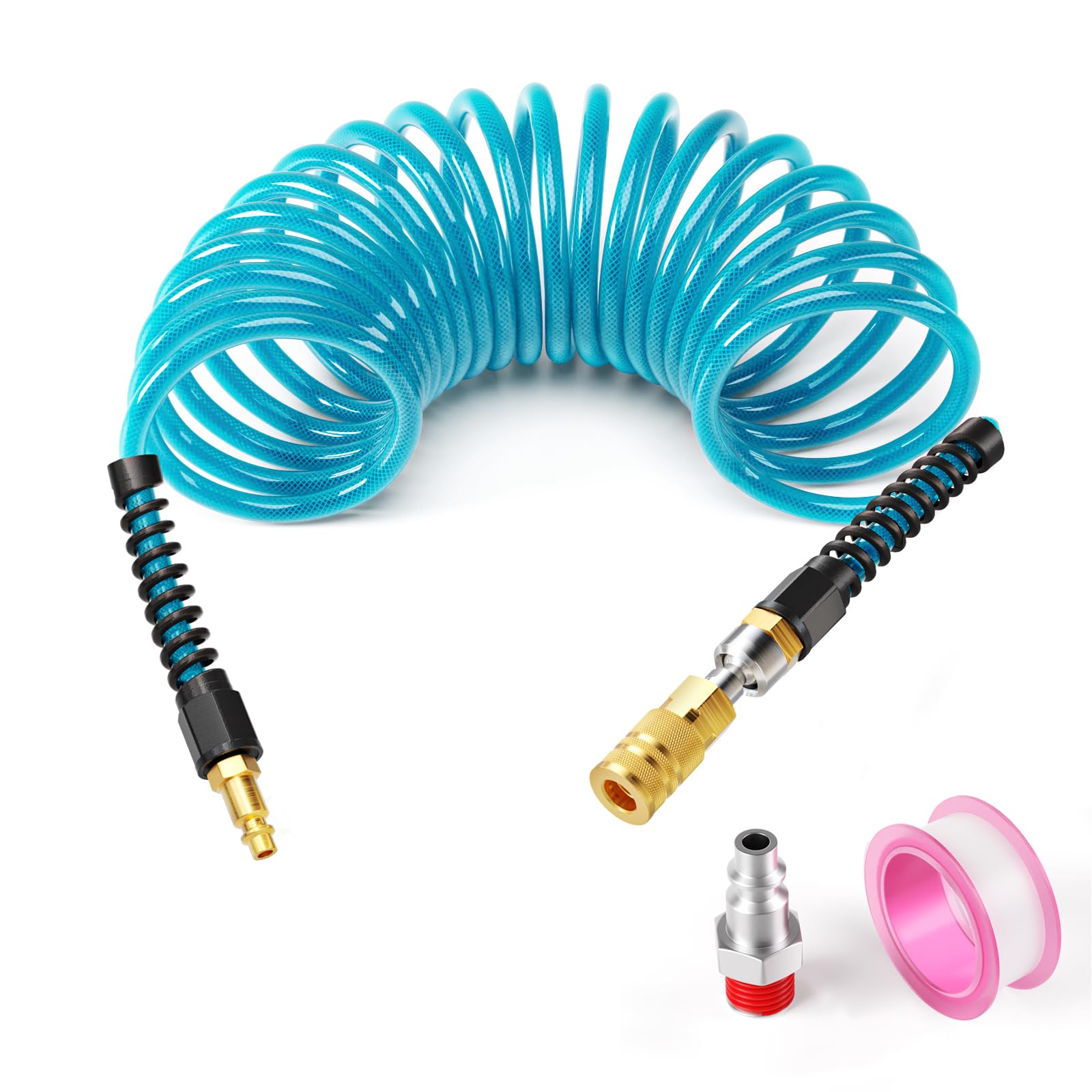 GASHER 1/4" x 10FT Reinforced Polyurethane Recoil Air Hose with Bend Restrictor, Air Hose kit With 360°Swivel Coupler, 1/4" Industrial Quick Coupler and Plug