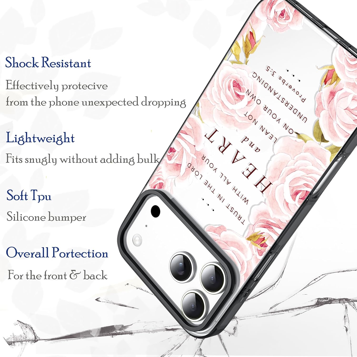 Compatible for iPhone 17 Pro Max Case,Bible Verse Pink Floral Flowers Rose Inspirational Scripture Quotes Proverbs 3:5 Protective Clear Case for Girls Women Compatible with iPhone 17 Pro Max