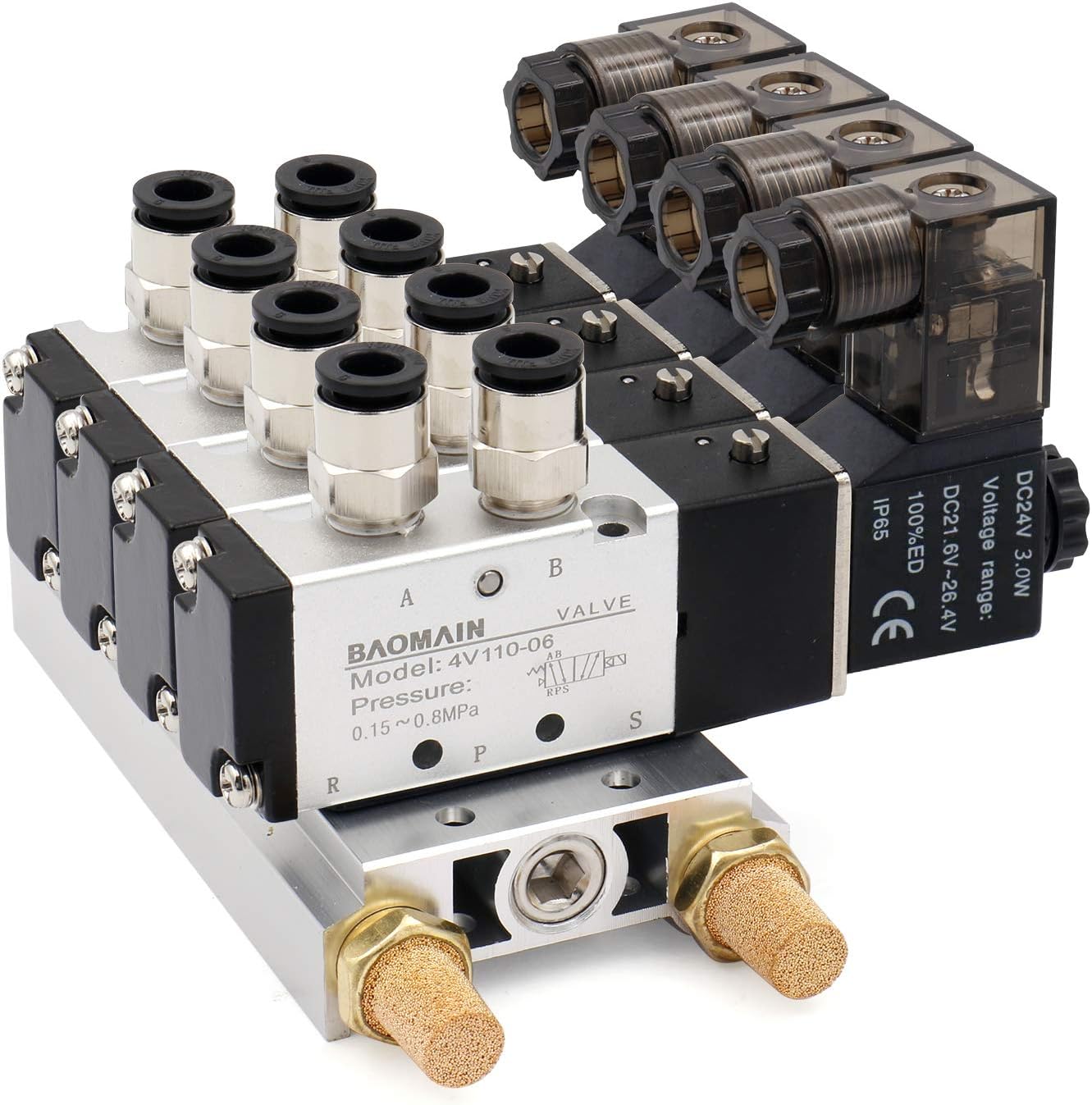 BAOMAIN DC 24V Pneumatic Solenoid Valve Manifold, 2 Position 5 Way 4V110-06 with 4-Station Base Mufflers & Quick Fittings for Textile, Light Industry & Chemical Automation