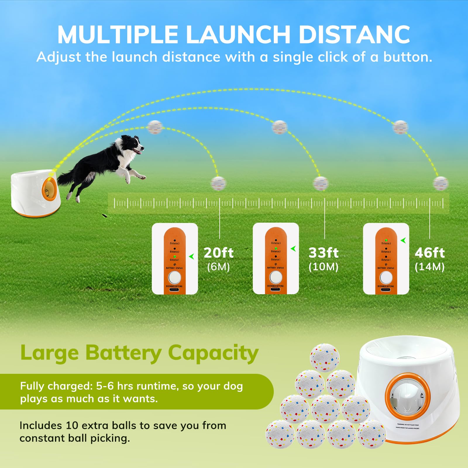 Automatic Dog Ball Launcher for Small/Medium Dogs - Small Silent Design, 3 Distance Settings (20ft/33ft/46ft), Rechargeable, 10 Durable 2.3" Balls Included (Dog Ball Launcher-Orange) - image 4