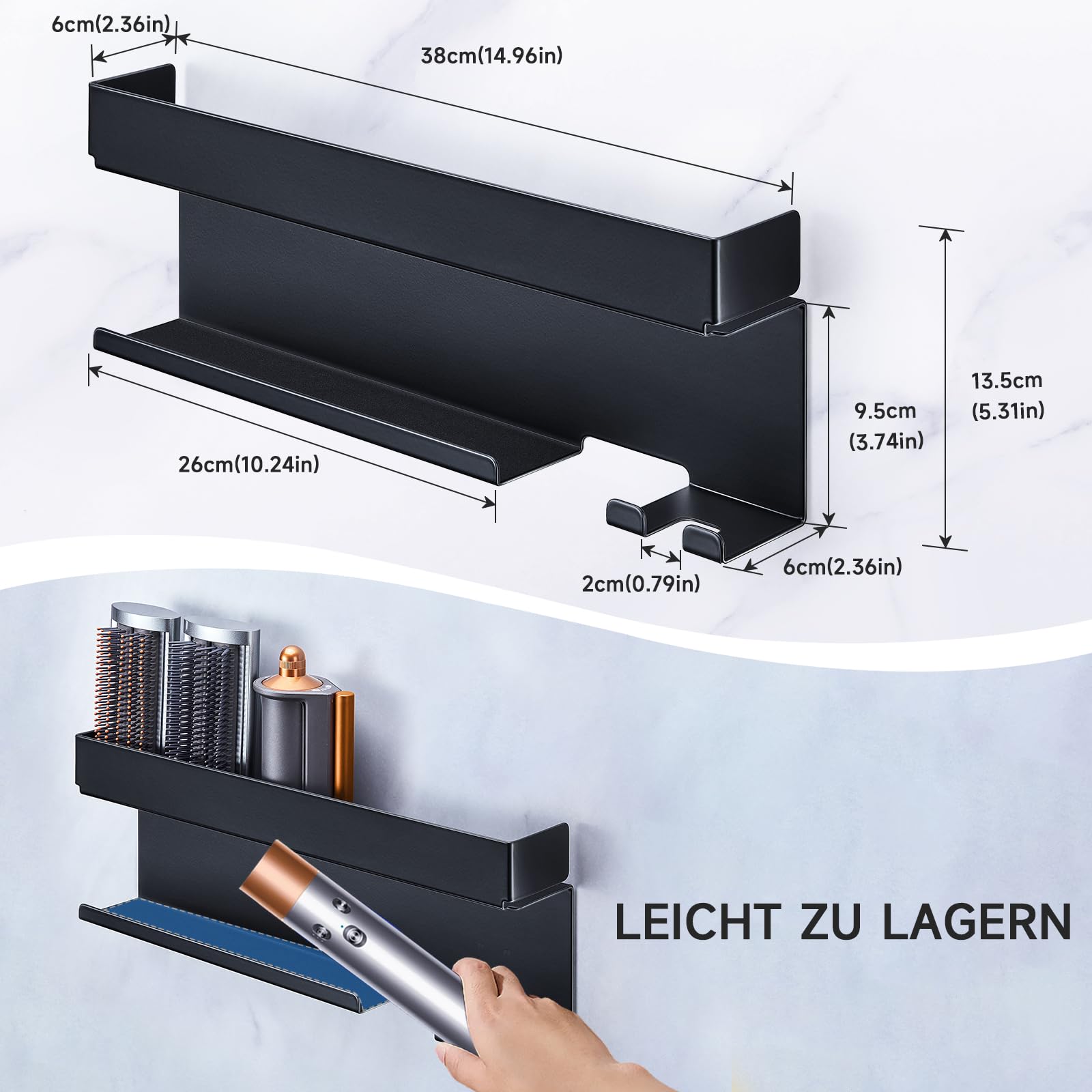 YYBO Supporto Asciugacapelli da Parete, Porta Phon da Muro Adesivo per Asciugacapelli Accessori Styler Curling Device, Porta Phon e Piastra per Camera da Letto, Bagno (Nero)