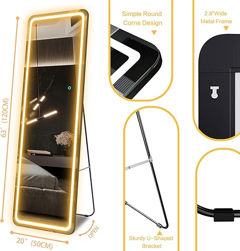 Miniatura 4 de EDTEMI Espejo LED de longitud completa de 63 x 20 pulgadas, regulable de piemontado en la pared con 3 modos de color, marco negro inastillable para