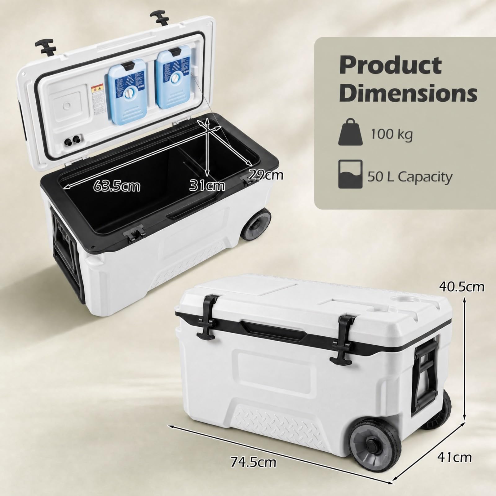 LIFEZEAL 50 L Frigo Termico Portatile 2 in 1 | Contenitore Termico Caldo e Freddo con Coperchio, 2 Sacchetti di Ghiaccio, Maniglie e Ruote per Pesca, Barbecue e Campeggio
